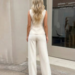 White Tailored Peplum Blazer Vest And Wide Leg Pants Suit