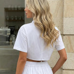 White  Spread Collar Short Sleeve Twist Front Cropped Blouse