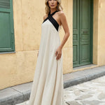 Beige Black Contrast Halter Neck Maxi Dress
