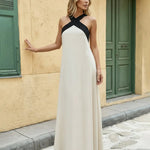 Beige Black Contrast Halter Neck Maxi Dress