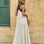 Beige Black Contrast Halter Neck Maxi Dress