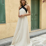 Beige Black Contrast Halter Neck Maxi Dress