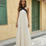 Beige Black Contrast Halter Neck Maxi Dress