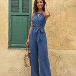 Blue Casual Halter Bead Accent Belted Wide Leg Vacation Jumpsuit