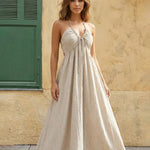 Beige Halter Neck Tie Front Cutout Maxi Dress