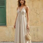 Beige Halter Neck Tie Front Cutout Maxi Dress