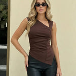 Brown Asymmetrical Neckline Ruched Sleeveless Top