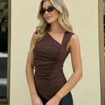 Brown Asymmetrical Neckline Ruched Sleeveless Top