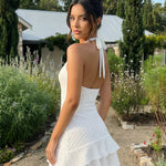 White Halter Neck Ruffled Mini Dress