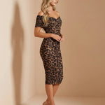 Brown Off Shoulder Ruched Leopard Bodycon Midi Dress
