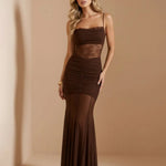 Brown Lace Sheer Waist Ruched Mermaid Maxi Dress