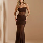 Brown Lace Sheer Waist Ruched Mermaid Maxi Dress