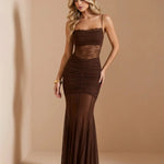 Brown Lace Sheer Waist Ruched Mermaid Maxi Dress