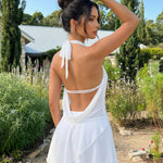 White Halter Cowl Neck Ruffled Mini Dress