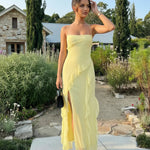 Yellow Ruffled Chiffonhigh Front Slit  Maxi Dress