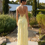 Yellow Ruffled Chiffonhigh Front Slit  Maxi Dress