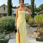 Yellow Ruffled Chiffonhigh Front Slit  Maxi Dress