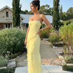 Yellow Ruffled Chiffonhigh Front Slit  Maxi Dress