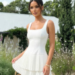 White Square Neck Sleeveless Pleated Mini Dress