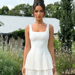 White Square Neck Sleeveless Pleated Mini Dress