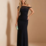 Black Off-Shoulder Ruched Mesh Overlay Maxi Evening Dress