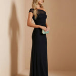 Black Off-Shoulder Ruched Mesh Overlay Maxi Evening Dress