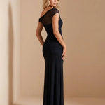Black Off-Shoulder Ruched Mesh Overlay Maxi Evening Dress