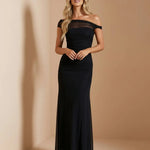 Black Off-Shoulder Ruched Mesh Overlay Maxi Evening Dress