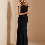 Black Off-Shoulder Ruched Mesh Overlay Maxi Evening Dress