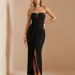 Black Strapless U-Bar Ruched Wrap Slit Midi Evening Dress