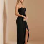 Black Strapless U-Bar Ruched Wrap Slit Midi Evening Dress