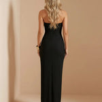 Black Strapless U-Bar Ruched Wrap Slit Midi Evening Dress