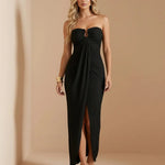 Black Strapless U-Bar Ruched Wrap Slit Midi Evening Dress