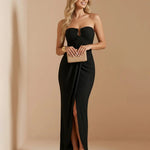 Black Strapless U-Bar Ruched Wrap Slit Midi Evening Dress