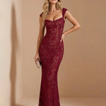 Burgundy Sweetheart Neck Floral Lace Cap Sleeve Mermaid Maxi Dress
