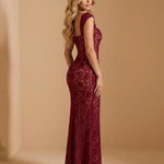 Burgundy Sweetheart Neck Floral Lace Cap Sleeve Mermaid Maxi Dress