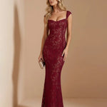 Burgundy Sweetheart Neck Floral Lace Cap Sleeve Mermaid Maxi Dress