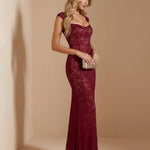 Burgundy Sweetheart Neck Floral Lace Cap Sleeve Mermaid Maxi Dress
