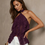 Burgundy Sheer Halter Backless Metal Ring Accent Ruffled Layers Top