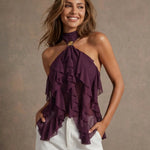Burgundy Sheer Halter Backless Metal Ring Accent Ruffled Layers Top