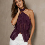 Burgundy Sheer Halter Backless Metal Ring Accent Ruffled Layers Top