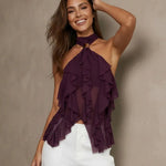Burgundy Sheer Halter Backless Metal Ring Accent Ruffled Layers Top
