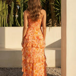 Orange Floral Print Asymmetrical Ruffle Spaghetti Strap Maxi Dress