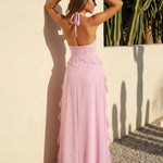 Pink Halter Neck Ruffled High Slit Maxi Dress