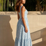 Light Blue Floral Textured Fabric Slim Fit Midi Dress