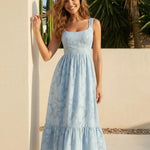 Light Blue Floral Textured Fabric Slim Fit Midi Dress