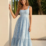 Light Blue Floral Textured Fabric Slim Fit Midi Dress