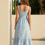 Light Blue Floral Textured Fabric Slim Fit Midi Dress