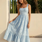 Light Blue Floral Textured Fabric Slim Fit Midi Dress