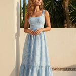Light Blue Floral Textured Fabric Slim Fit Midi Dress